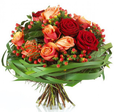 Bouquet Of 13 Red And Orange Roses With Hypericum