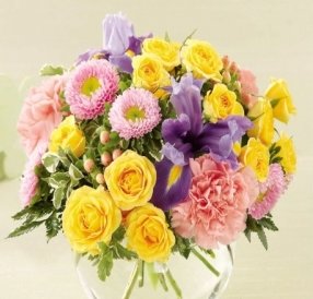 Bouquet Of 6 Yellow Minirose,4 Blue Irises,5 Pink Aster And 4 Pink Carnations