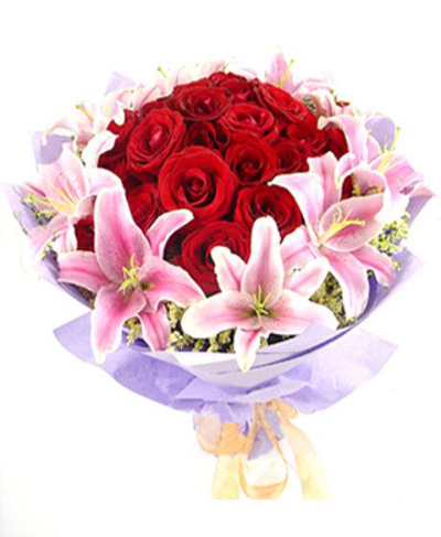 Bouquet Of 3 Pink Lilies and 22 Roses